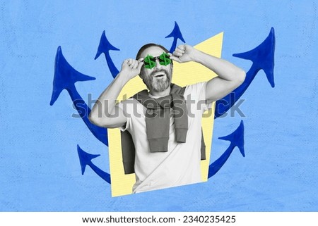 Photo comics sketch collage picture of funky guy watching income growing blowing isolated blue color background