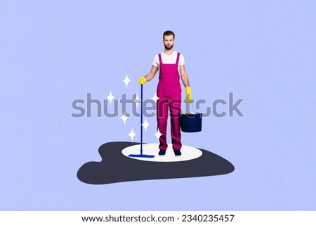 Full body collage picture of professional housekeeper cleaning guy wear pink uniform hold bucket tidy home isolated on purple background