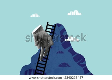 Creative composite artwork photo collage of purposeful motivated hand climb up upstairs on top of mountain isolated on drawing background