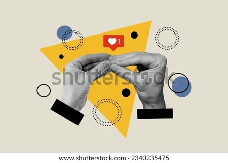 Composite collage portrait of black white effect arms fingers receive like notification isolated on painted creative grey background