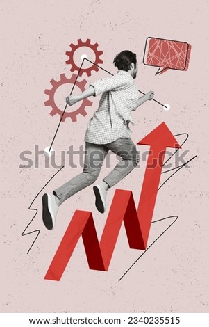 Vertical collage of running businessman climbing up increase graphic speech bubble cloud mechanism startup isolated on pink background