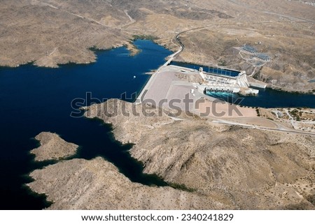Aerial of Davis Dam on the border of Arizona and Nevada, USA. Royalty-Free Stock Photo #2340241829