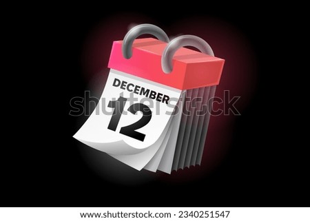 December 12 3d calendar icon with date isolated on black background. Can be used in isolation on any design.