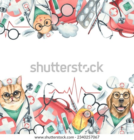 Dog, cat, hamster, parrot doctors in a dressing gown, glasses, with a stethoscope, a suitcase and medical instruments, injections. Watercolor illustration hand drawn. Template on white background.