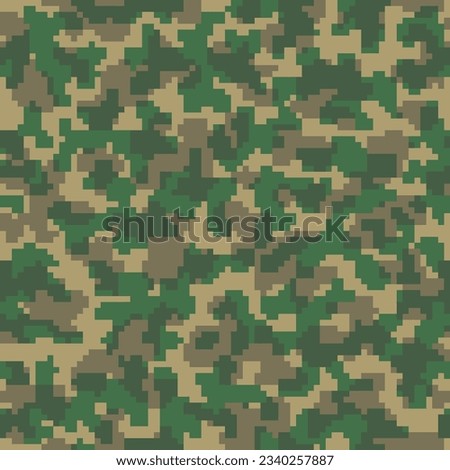 Green Seamless Graphic Geometric Combat Fabric. Repeated Khaki Grunge Digital Camo Design.  Desert Repeated War Pixel Military Wallpaper. Dark Vector Soldier Backdrop. 