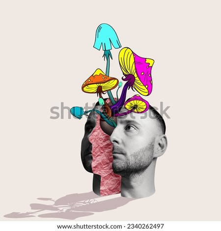 Mushrooms grow from a mans head. Art collage. Royalty-Free Stock Photo #2340262497