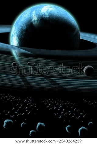 A gas giant planet with a system of planetary rings and shepard moons. Royalty-Free Stock Photo #2340264239