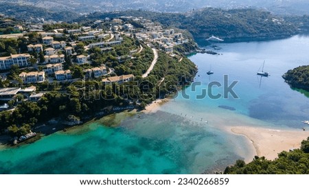 Aerial drone bird's eye view of Bella Vraka Beach with turquoise sea in complex islands in Sivota area, Ionian sea, Epirus, Greece Royalty-Free Stock Photo #2340266859