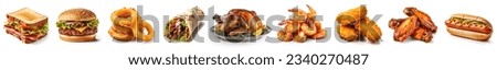 Delicious Fast Foods isolated on white background. sandwich, hamburger, onion rings, shawarma, turkey roast, prawns, chicken nuggets, chicken wings, hot dog. Fast food closeup collection. Fast food ad Royalty-Free Stock Photo #2340270487