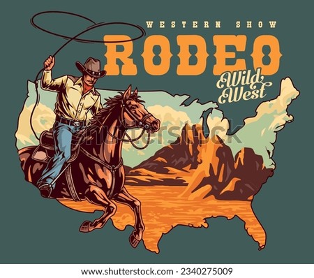 Rodeo show vintage sticker colorful with cowboy on horse waving lasso to advertise tour of American wild west vector illustration