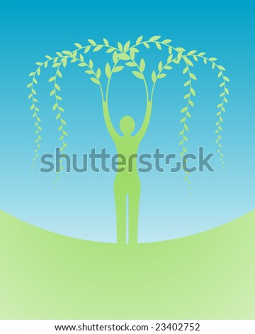 green woman silhouette with branches on blue heaven