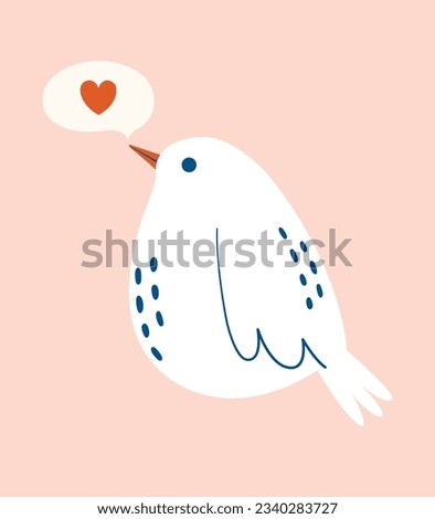 Romantic concept. Love message. Cute flying bird with bubble speech and heart. Clipart in pastel shades with singing birdie for card, valentine's, sticker, banner, print, badge. 