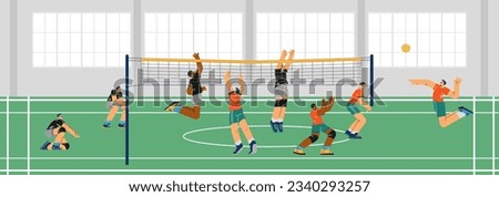 Young men playing volleyball in gym scene flat style, vector illustration. Competition and training, professional sport and hobby, active lifestyle, happy athletic boys