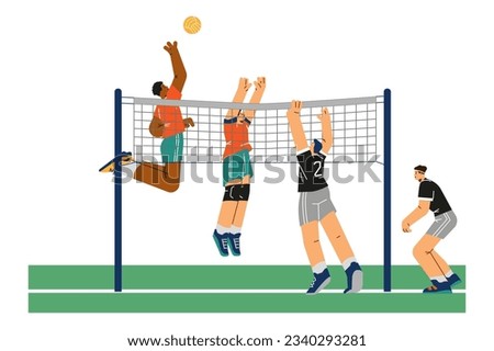 Volleyball match scene flat cartoon vector illustration isolated on white background. Volleyball teams players fight for victory. Volleyball sport and leisure game.