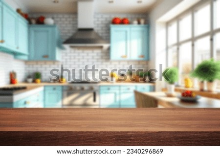 Background of a beautiful and bright kitchen with desk for objects