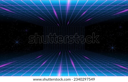 Synthwave wireframe net illustration. Abstract digital background. 80s, 90s Retro futurism, Retro wave cyber grid. Deep space surfaces. Neon lights glowing. Starry background. Vector 3D Rendering Royalty-Free Stock Photo #2340297549