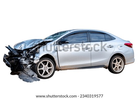 Front and side of white car get damaged by accident on the road. damaged cars after collision. isolated on white background with clipping path, car crash bumper on the road for graphic design element
