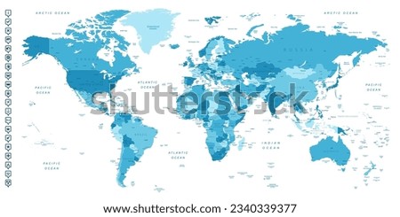World map. Highly detailed map of the world with detailed borders of all countries, cities, regions and bodies of water in blue tones. Vector illustration