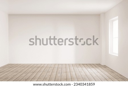 white empty room with wooden floor and window with sunlight, room studio interior design background. Royalty-Free Stock Photo #2340341859