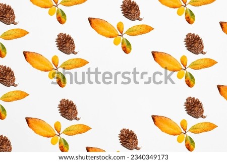 Simple pattern or wallpaper with autumn motifs representing yellow leaves joint to form a flower and a brown pine cone. Aesthetic autumnal and fall composition on white background with card note space