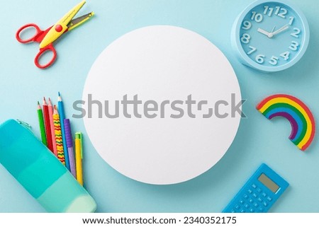 Preparing for school is breeze: top view stationery, pencil case, pens, plasticine, calculator, scissors, alarm clock, arranged on serene pastel blue surface with blank circle, ideal for text or ads
