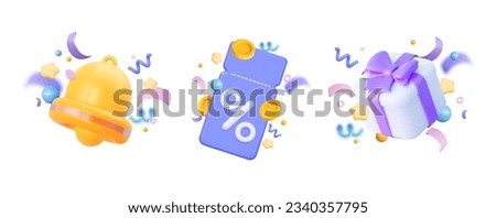Holiday sale. For the new year, for birthday. A set of bell icons with a coupon, 3d gifts box and confetti. 3d vector illustration. Holiday decoration elements. Royalty-Free Stock Photo #2340357795