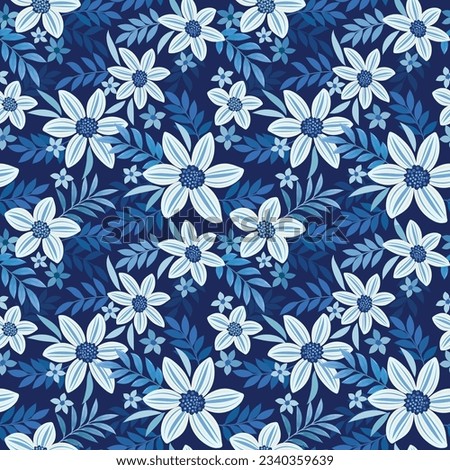 Seamless flowers and leaves in white and blue color pattern. Can be used for fabric, textile, wallpaper, gift wrap paper, background.