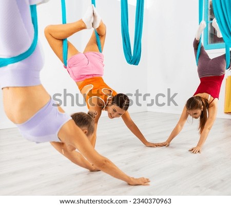 Young sporty women exercising during aerial yoga group workout, doing stretching bow pose in hanging hammocks leaning palms on floor