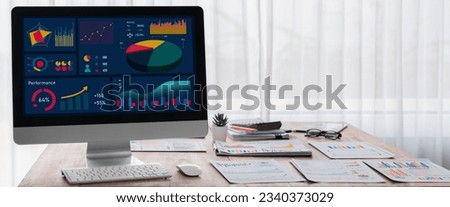 Business intelligence, BI power software visualize company data dashboard display on laptop screen for analysis chart and insight. Technology for business strategy. Panorama shot. Scrutinize