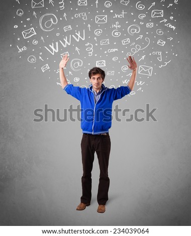 Casual young man with abstract white media icon doodles on gradient background