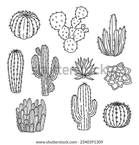 hand drawn cactus illustration. Vector Illustration. cacti with flowers. Set of cactuses. isolated on white background. cactus outline sketch. cactus drawing. cactus plants line art background. Royalty-Free Stock Photo #2340391309