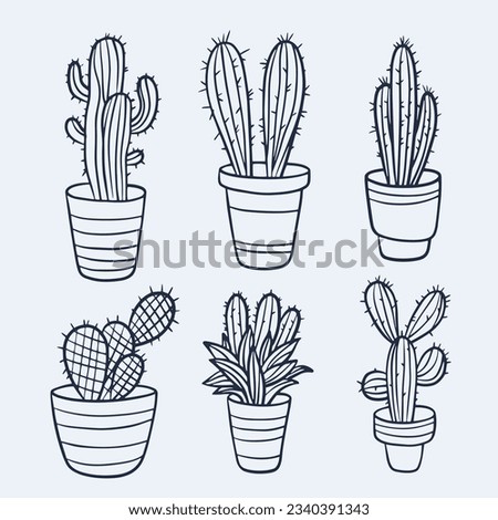 hand drawn cactus illustration. Vector Illustration. cacti with flowers. Set of cactuses. isolated on white background. cactus outline sketch. cactus drawing. cactus plants line art background.