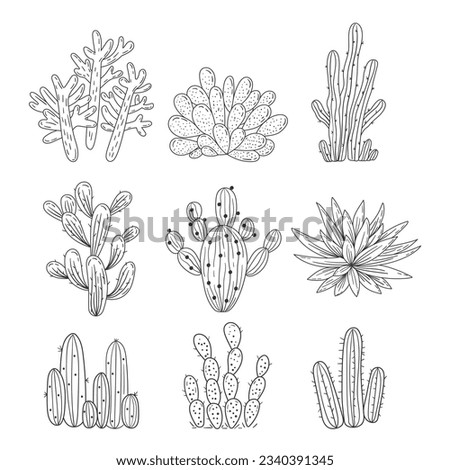 hand drawn cactus illustration. Vector Illustration. cacti with flowers. Set of cactuses. isolated on white background. cactus outline sketch. cactus drawing. cactus plants line art background. Royalty-Free Stock Photo #2340391345