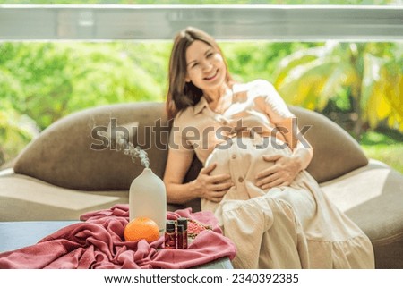 A serene moment captured as a pregnant woman after 40 embraces the soothing benefits of aroma oils and an aroma diffuser, enhancing her pregnancy journey with relaxation and tranquility