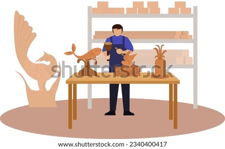 wood sculpture vector illustration, carpentry carving wood in workbench illustration, craftsman carve with a gouge in the hands, wood craft shop Royalty-Free Stock Photo #2340400417