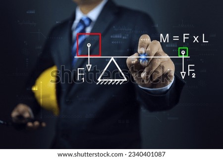 The engineer wrote the design of the beam and the balance of forces used in its construction as a theory of momentum physics. Static Force load distribution structure building Royalty-Free Stock Photo #2340401087