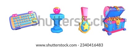 3D icon video games collection rendered isolated on the white background. gaming keyboard, joystick, medal, and treasure chest object for your design.