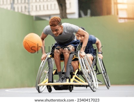 Sports, basketball game and men in wheelchair in action for training, exercise and workout on outdoor court. Fitness, team and male people with disability and ball for match, practice and games
