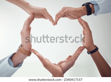 Heart, teamwork or hands of doctors with support in collaboration for healthcare wellness together. Closeup, love shape or medical nurses with group solidarity, integrity or mission with mockup space