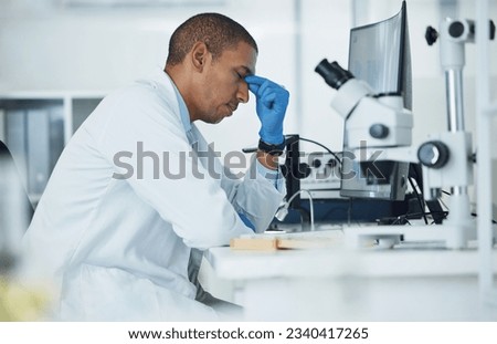 Mental health, headache and lab scientist, man or expert with anxiety, depressed or frustrated with computer 404 error. Science, research fail and person stress over mistake, medical risk or migraine Royalty-Free Stock Photo #2340417265