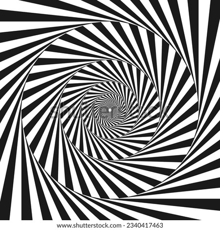 Radial optical illusion background. Black and white abstract lines surface in circles. Poster, banner, template design. Spinning spiral or vortex illusion wallpaper. Vector opt art illustration  Royalty-Free Stock Photo #2340417463