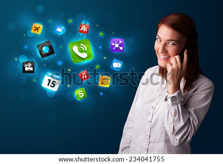 Attractive young woman calling by phone with various icons
