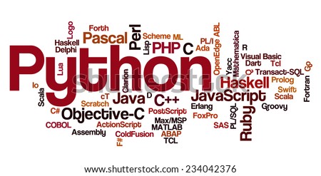Conceptual tag cloud containing names of programming languages, Python emphasized, related to web and software development and engineering, programing, coding, computing and software applications.