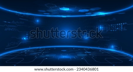 Vector illustrations of Futuristic  digital technology stage with glowing blue pedestal podium stage layout for hi tech showcase.Digital tech concept. Royalty-Free Stock Photo #2340436801