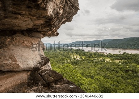 River scenery, rocks, mountains and forests at  Nang Lee Cave Pha Taem , Khong Chiam District Ubon Ratchathani Province, Thai-Laos Border, Asia.