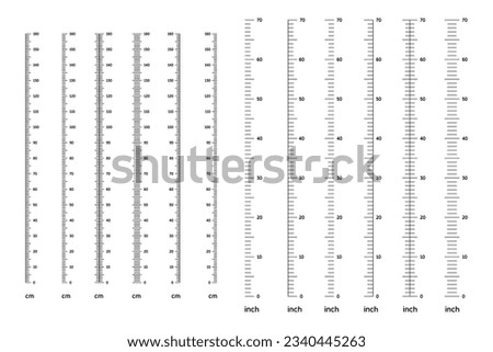 Height scale for children with gradation from 0 to 160 cm or inch. Kid vertical stadiometer or ruler for measuring height, child length meter template for the wall, vector illustration Royalty-Free Stock Photo #2340445263
