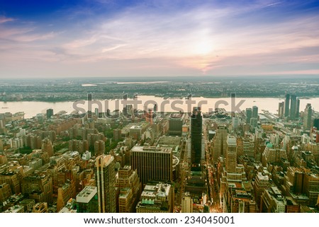 Spectacular aerial view of Manhattan. Skyscrapers at dusk.