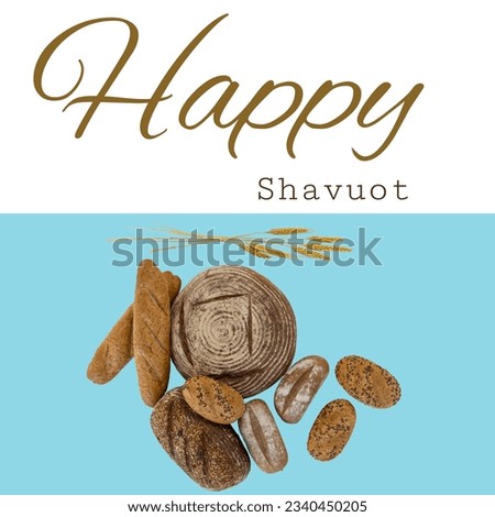 Digital composite image of shavuot text by various breads on blue over white background. food and jew celebration concept.