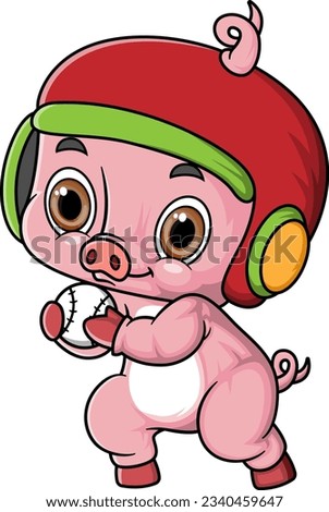 Cartoon little pig playing ball on white background of illustration