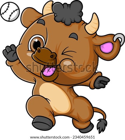 Cartoon little buffalo playing ball on white background of illustration